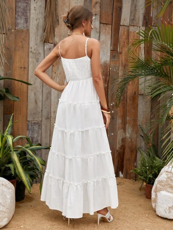 Shirred Detail Frill Layered Hem Cami Dress ( White) – CB Shop USA