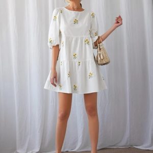 Sunflower Embroidery Lantern Sleeve Smock Dress