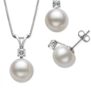 Set Pink Cultured Freshwater Pearl & Diamond Pendant Necklace & Stud Earrings