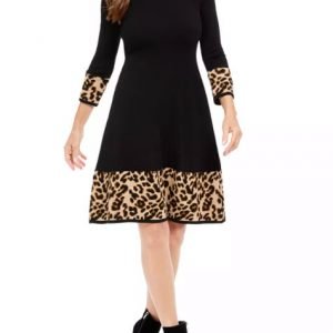 Jessica Howard Petite Border-Print Sweater Dress (Black)