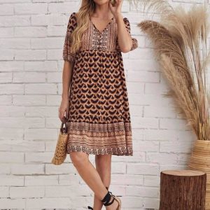 Lantern Sleeve Allover Print Smock Dress