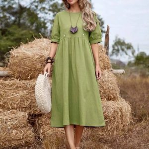 Solid High Waist Smock Dress