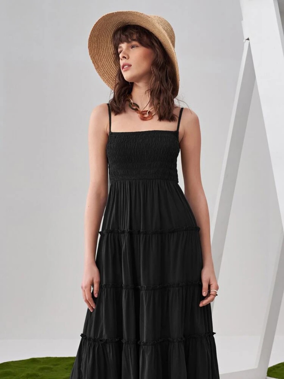Shirred Detail Frill Layered Hem Cami Dress (Black) – CB Shop USA
