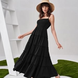 Shirred Detail Frill Layered Hem Cami Dress (Black)