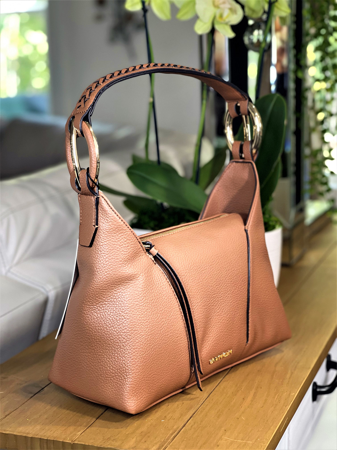 Calvin Klein Pebble Leather Hobo Tan/Brown Bag