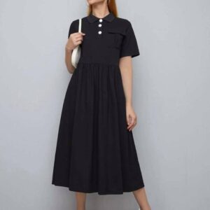 Flap Pocket Polo Shirt Dress (Black )