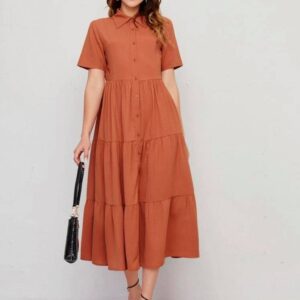 Single Breasted Ruffle Hem Solid Dress (Burnt Orange )