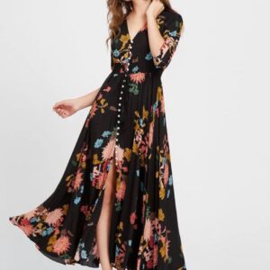 Shirred Waist Tassel Tie Button Through Floral Dress (Black- Flower)