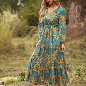 Floral Print A-Line Dress (Green- Yellow Flower)