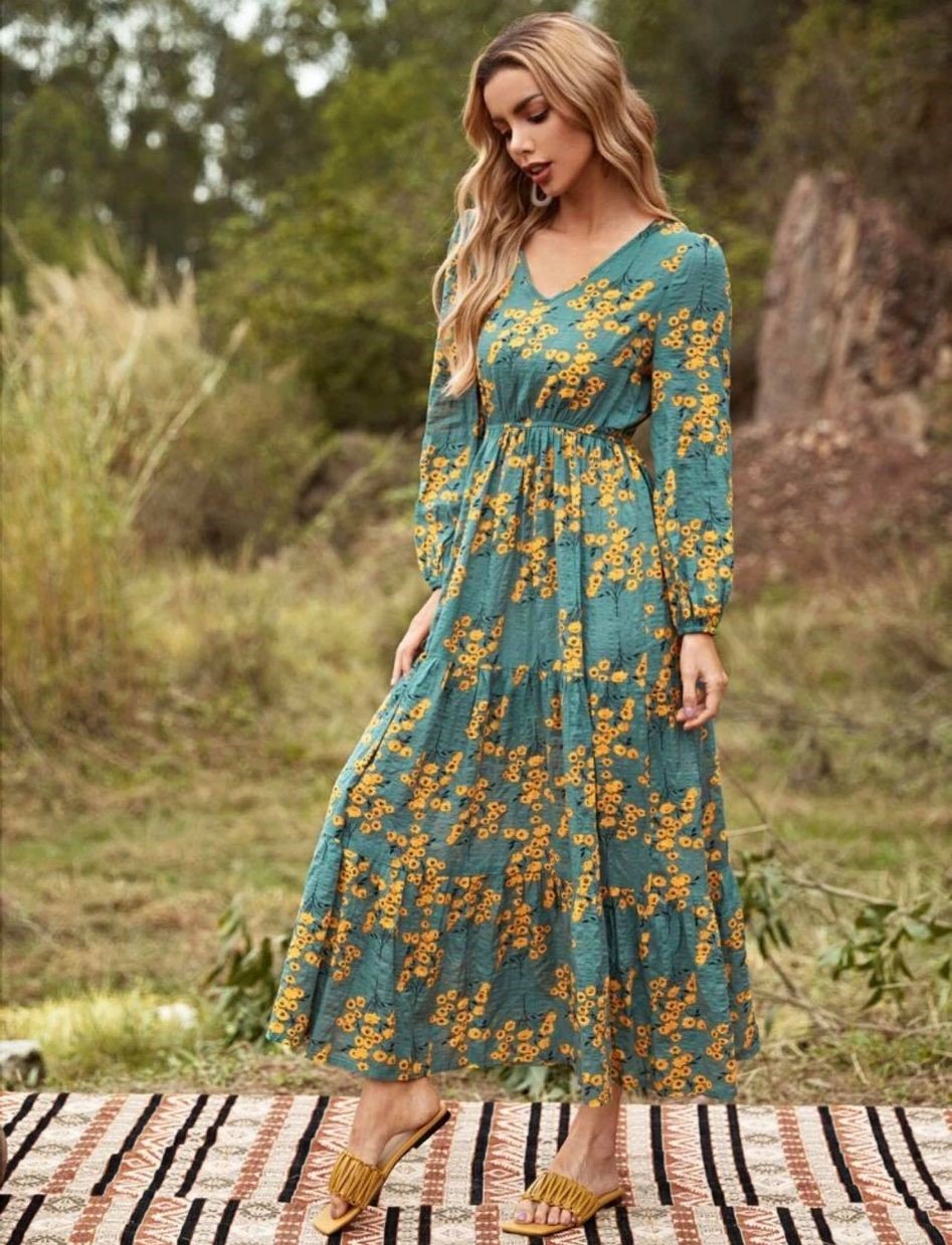 Floral Print A-Line Dress (Green- Yellow Flower) – CB Shop USA