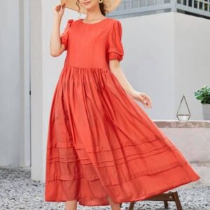 Puff Sleeve Tie Back Smock Dress (Red)
