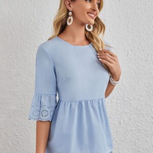 Eyelet Embroidery Cuff Peplum Blouse (Baby Blue)