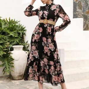 Floral Half Button Ruffle Hem Dress