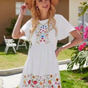 Plants Embroidered Butterfly Sleeve Smock Dress (White)