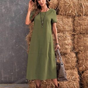 Solid Short Sleeve Tunic Dress (Army Green)