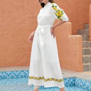 1pc Buttoned Front Self Belted Floral Appliques Dress (White)