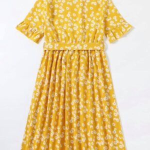 1pc Daisy Floral Flounce Sleeve Belted Babydoll Dress (Yellow)