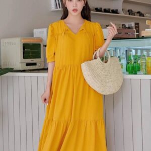 Solid Tie Neck Babydoll Dress (Yellow)