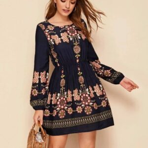 Floral Print Elastic Waist A-line Dress (Navy Blue)