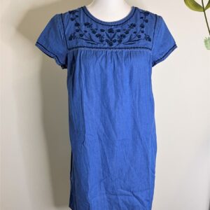 LINEN Shirred A-line  Dress (Blue)