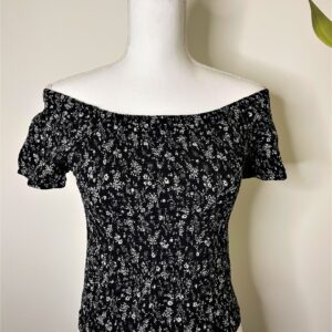 Ruched Off-The-Shoulder Top (Black & White Flower)