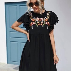 SHEIN Floral Embroidered Butterfly Sleeve Dress (Black)