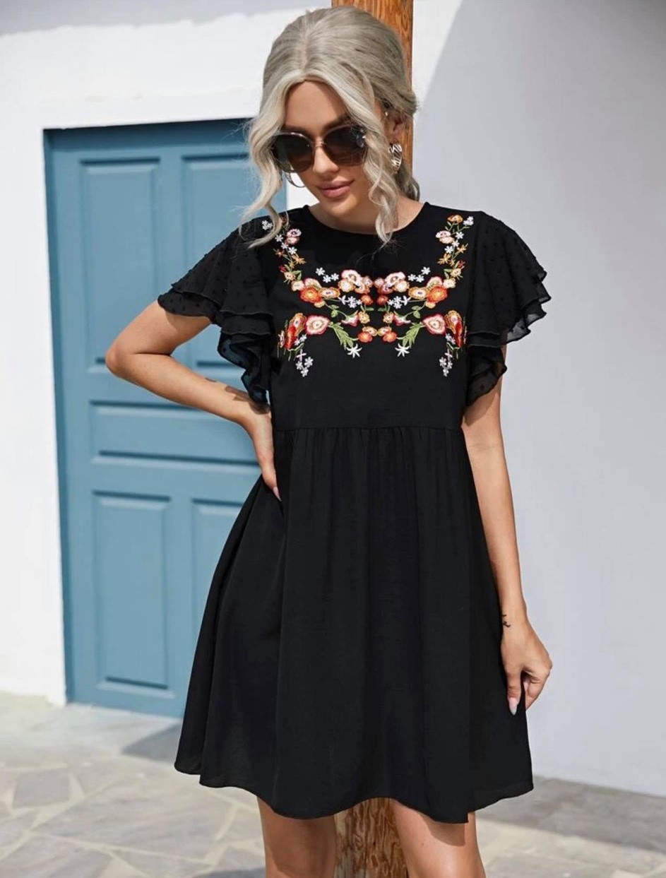 SHEIN Floral Embroidered Butterfly Sleeve Dress (Black) – CB Shop USA