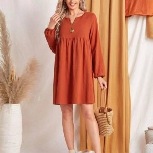 Notched Neck Bishop Sleeve Smock Dress (Burnt Orange)