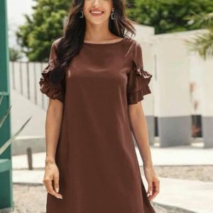 Solid Ruffle Trimed Tunic Dress (Coffee Brown)