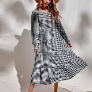 Gingham Shirred Cuff Ruffle Hem A-line Dress ( Black and White)