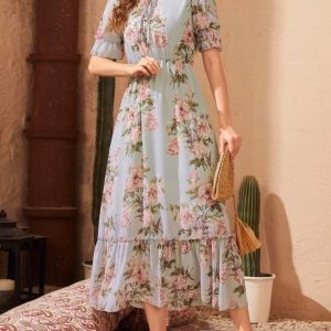 Floral Print Tie Front Flounce Sleeve Dress