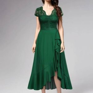 Lace Bodice Asymmetrical Ruffle Hem Dress