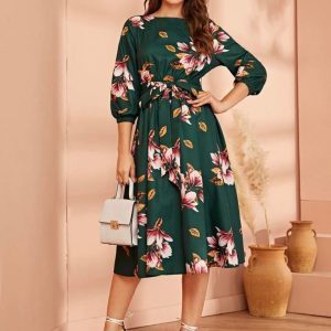 SHEIN Elastic Waist Belted Floral Dress