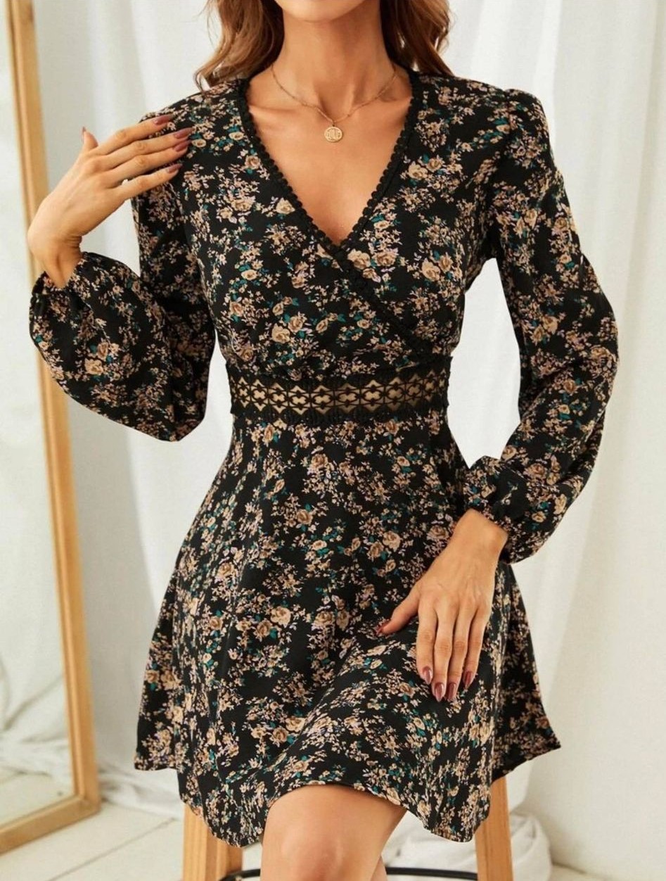 Floral Print Guipure Lace Insert Overlap Collar Lantern Sleeve Dress ...