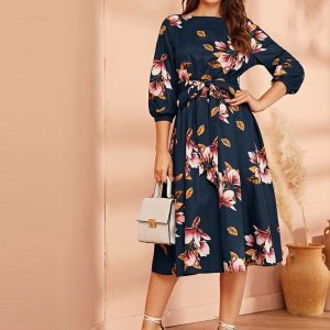 SHEIN Floral Print Belted Dress ( Navy Blue)