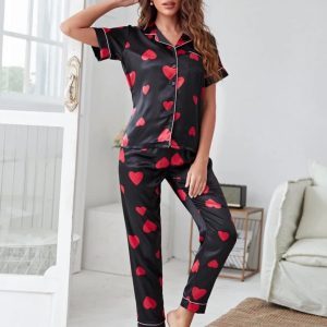 Satin Allover Heart Print Night Set