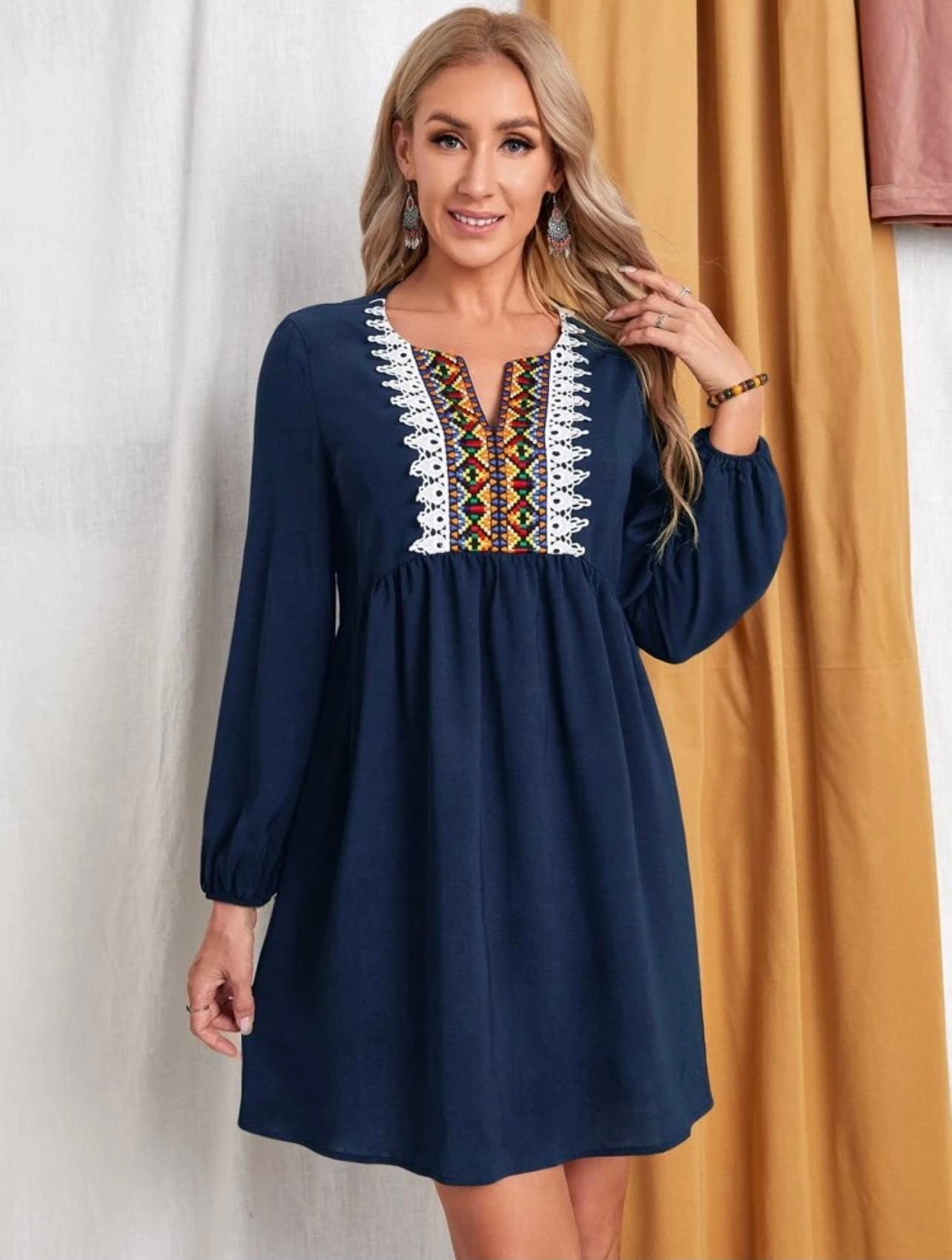 Guipure Lace Trim Contrast Geo Embroidery Tape Dress CB Shop USA