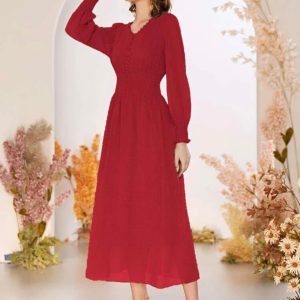 Swiss Dot Button Front Shirred Waist Dress (Red)