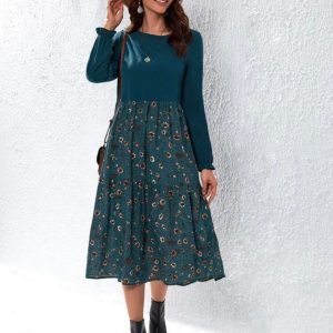 EMERY ROSE Floral Print Flounce Sleeve Dress (Teal Blue)