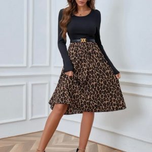 Scoop Neck Leopard Panel Dress Without Belt