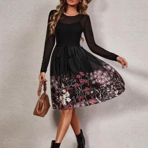 Floral Print Mesh Panel Belted Dress (Black)