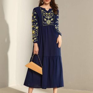 Flower Embroidered Notched Neck Ruffle Hem Dress (Navy Blue)