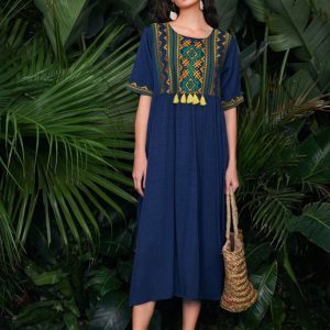 Geo Embroidered Fringe Detail Smock Dress ( Navy Blue)