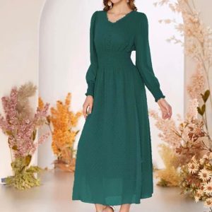 Swiss Dot Button Front Shirred Waist Dress (Dark Green)