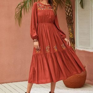 Floral Embroidery Lantern Sleeve Ruffle Hem Dress( Burnt Orange)