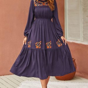 Rusttydustty Floral Embroidery Lantern Sleeve Ruffle Hem Dress ( Purple)