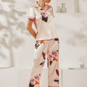 Satin Floral Button Front Pajama Set