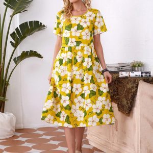 EMERY ROSE Allover Floral Print Smock Dress (Yellow)