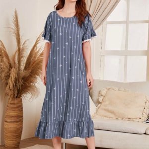 Striped & Heart Print Ruffle Hem Night Dress