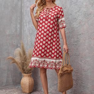 EMERY ROSE Floral Print Tie Neck Tunic Dress (Red and White)